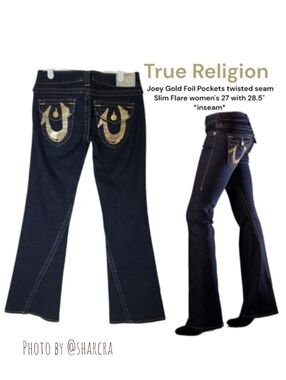 True Religion Women Joey Gold Foil Pocket twisted hem Slim Flare Blue jeans 27
